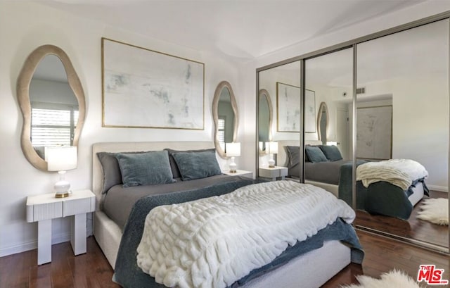 bedroom with dark hardwood / wood-style floors and a closet