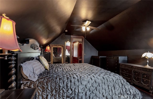 bedroom with ceiling fan and vaulted ceiling