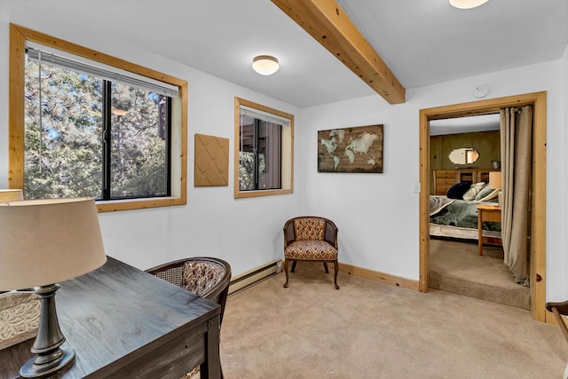 office with light colored carpet, a baseboard radiator, beamed ceiling, and plenty of natural light