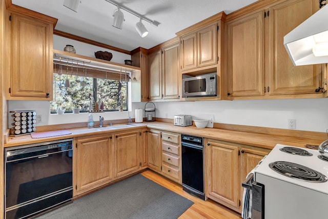 kitchen with extractor fan, black dishwasher, crown molding, electric range, and light hardwood / wood-style floors