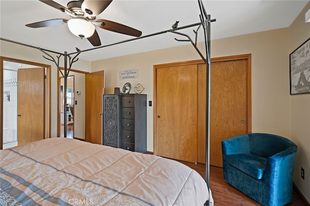 bedroom with a closet, ceiling fan, and wood-type flooring