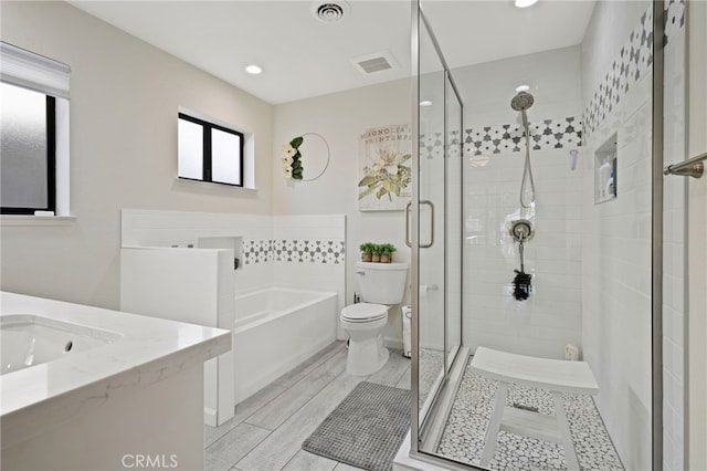 full bathroom with toilet, vanity, and separate shower and tub