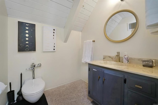 bathroom with vanity, toilet, lofted ceiling with beams, and wood ceiling