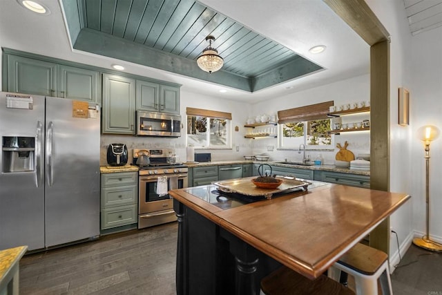 kitchen featuring appliances with stainless steel finishes, a tray ceiling, dark hardwood / wood-style floors, sink, and green cabinets