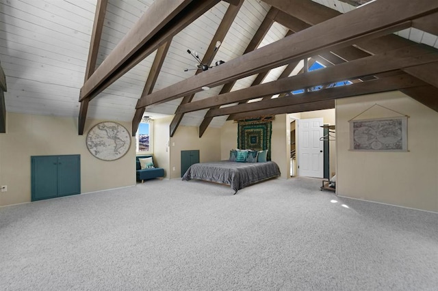 unfurnished bedroom featuring high vaulted ceiling, carpet, and beamed ceiling