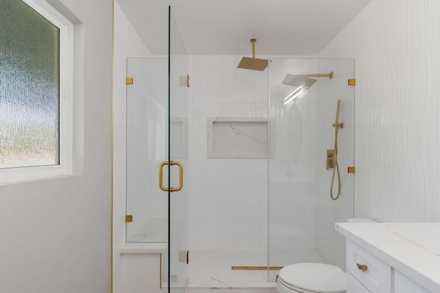 bathroom featuring vanity, a shower with shower door, and toilet