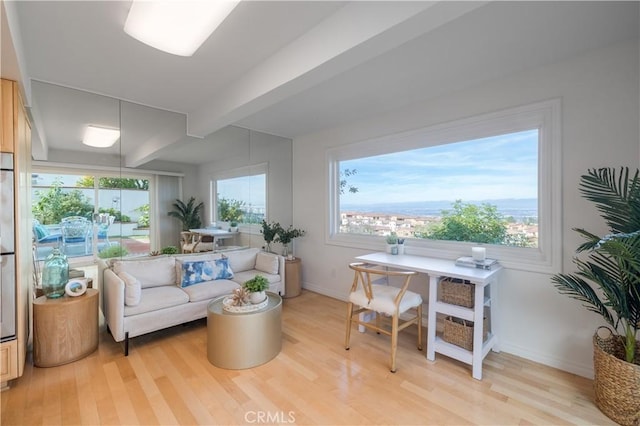 living room with beamed ceiling and light hardwood / wood-style floors