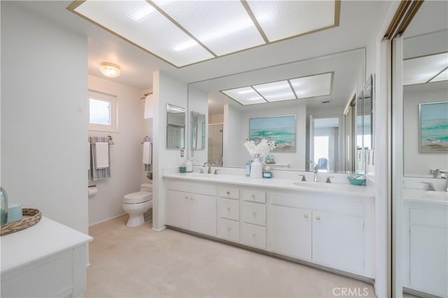 bathroom with vanity, toilet, and walk in shower