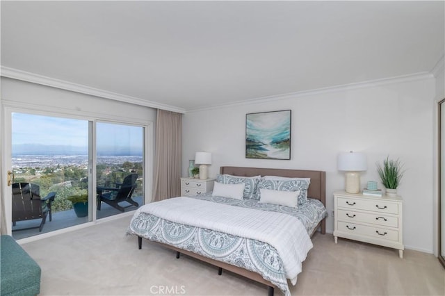 carpeted bedroom with crown molding and access to exterior