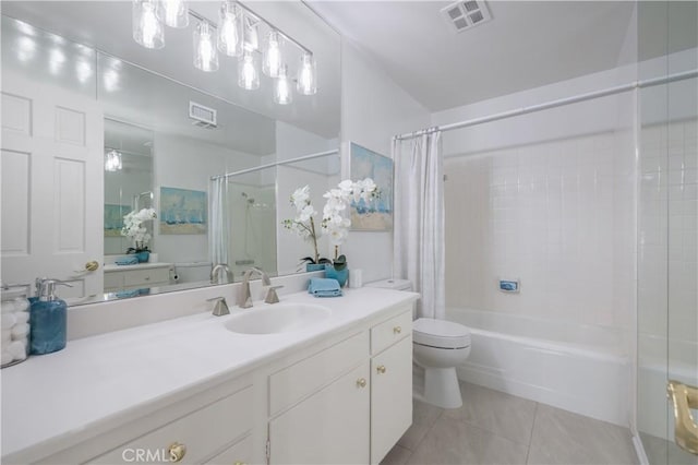 full bathroom featuring tile patterned flooring, vanity, shower / bath combo with shower curtain, and toilet