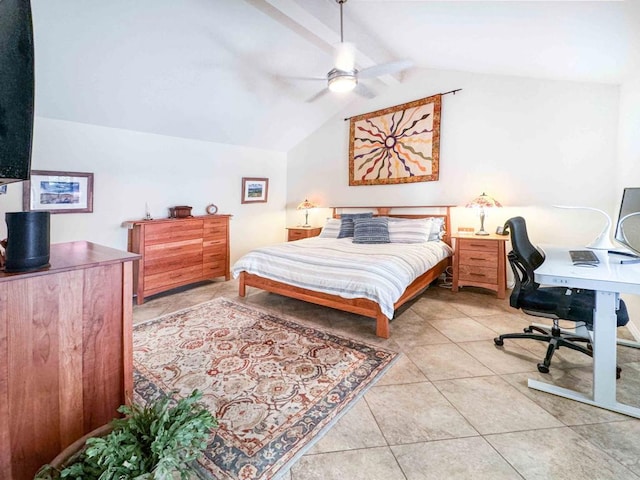 tiled bedroom featuring ceiling fan and vaulted ceiling with beams