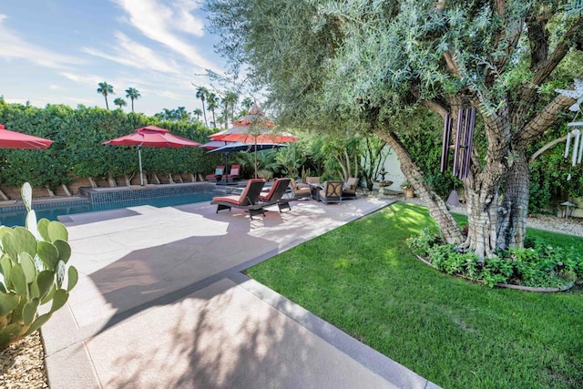 view of yard with a patio area and a fenced in pool