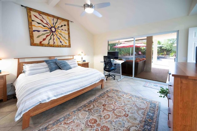 bedroom featuring ceiling fan, lofted ceiling with beams, access to outside, and light tile patterned floors