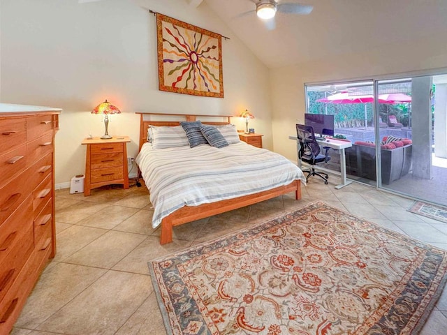 bedroom with ceiling fan, vaulted ceiling with beams, and light tile patterned floors