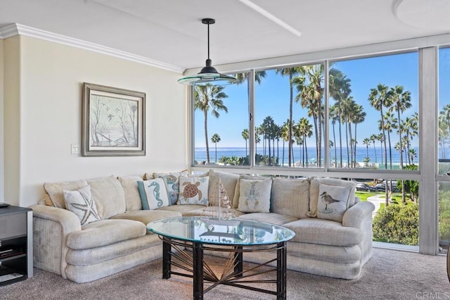 carpeted living room featuring plenty of natural light, a wall of windows, a water view, and crown molding