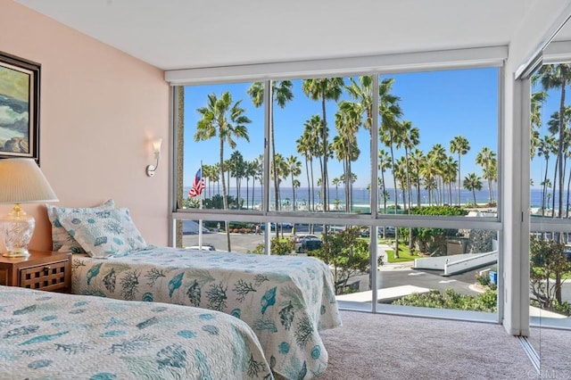 bedroom with a water view, multiple windows, and carpet flooring