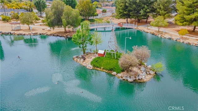 bird's eye view with a water view