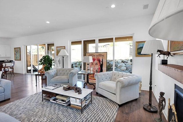 living room with dark hardwood / wood-style flooring