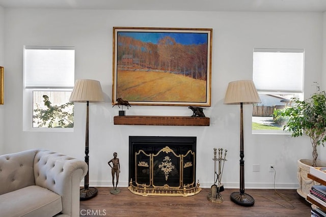 sitting room with dark hardwood / wood-style flooring and a wealth of natural light