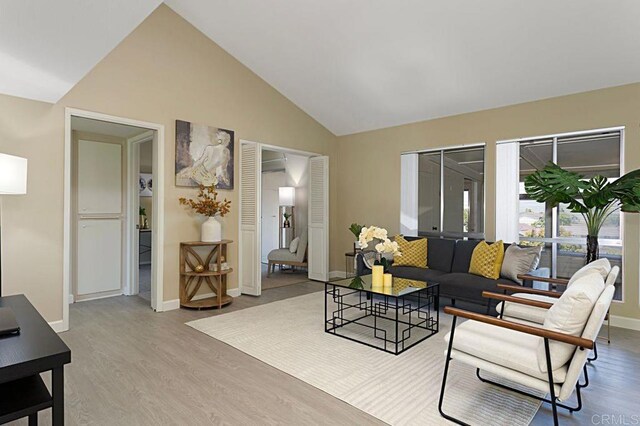 living room featuring light hardwood / wood-style flooring and high vaulted ceiling