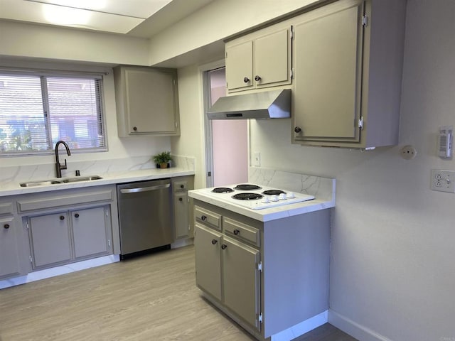 kitchen with dishwasher, white electric cooktop, sink, and gray cabinetry