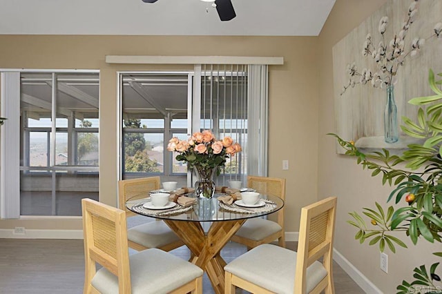 dining space featuring a healthy amount of sunlight, wood finished floors, a ceiling fan, and baseboards