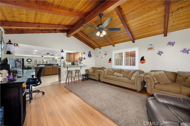 living room featuring light hardwood / wood-style floors, lofted ceiling with beams, wooden ceiling, and ceiling fan