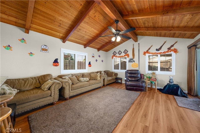 living room featuring vaulted ceiling with beams, wood ceiling, hardwood / wood-style flooring, and ceiling fan