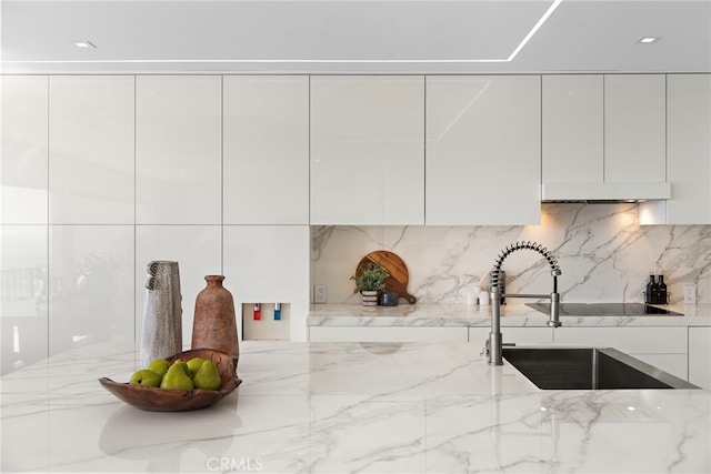 kitchen featuring backsplash, white cabinetry, light stone counters, and sink