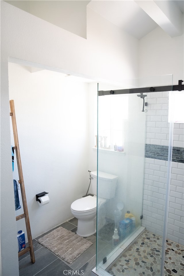 bathroom featuring toilet, an enclosed shower, wood-type flooring, and plenty of natural light