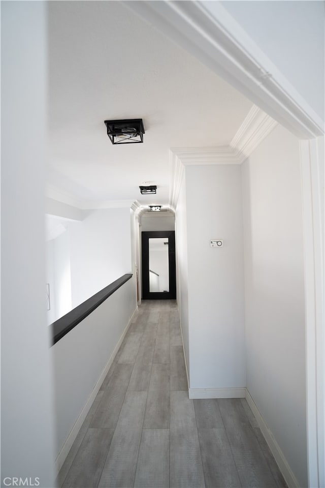 hallway with ornamental molding and hardwood / wood-style floors