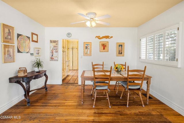 dining room with hardwood / wood-style flooring and ceiling fan