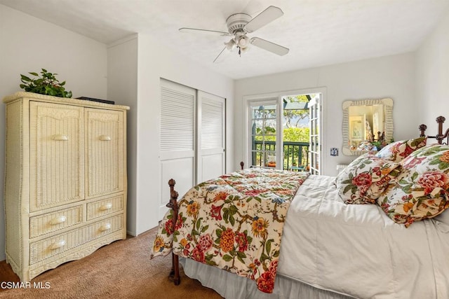 carpeted bedroom with a closet, ceiling fan, and access to exterior