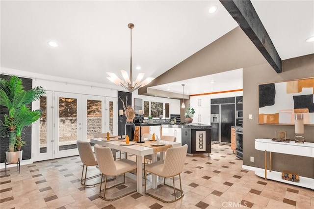 dining room featuring a chandelier, french doors, and lofted ceiling with beams