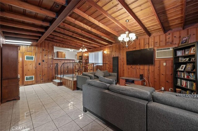 tiled living room featuring wooden walls, beamed ceiling, wooden ceiling, and a notable chandelier