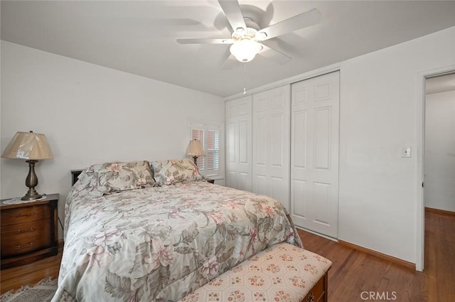 bedroom featuring ceiling fan, a closet, and wood-type flooring