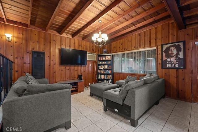 living room with beamed ceiling, an AC wall unit, wood walls, a chandelier, and wood ceiling