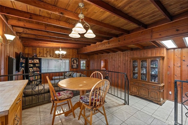 dining area with wooden walls, beamed ceiling, wood ceiling, and an inviting chandelier