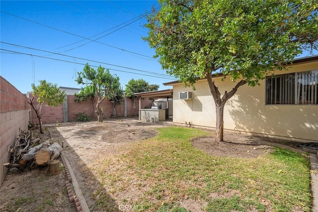 view of yard with area for grilling and a wall unit AC