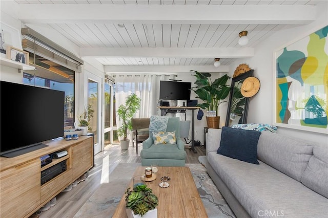 living room featuring wood-type flooring and beamed ceiling