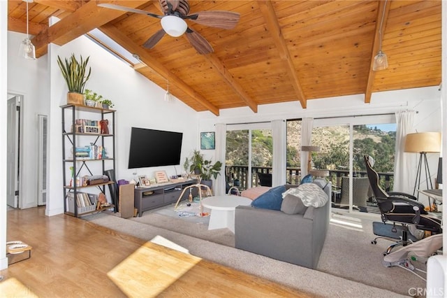 living room featuring high vaulted ceiling, wood ceiling, and beamed ceiling