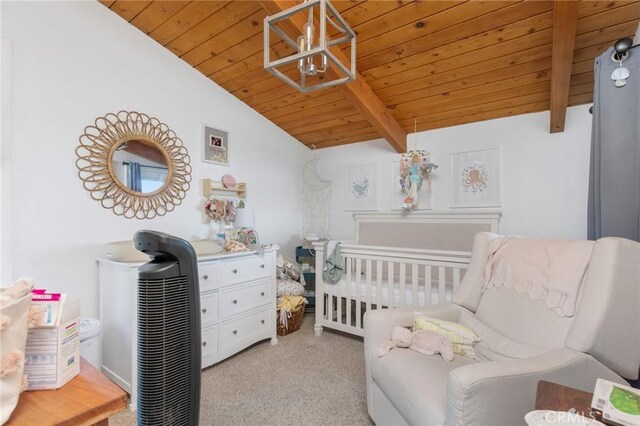 bedroom with wooden ceiling, a nursery area, light carpet, and lofted ceiling with beams