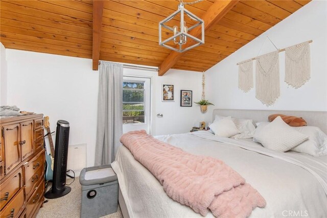 carpeted bedroom with vaulted ceiling with beams, a chandelier, and wooden ceiling