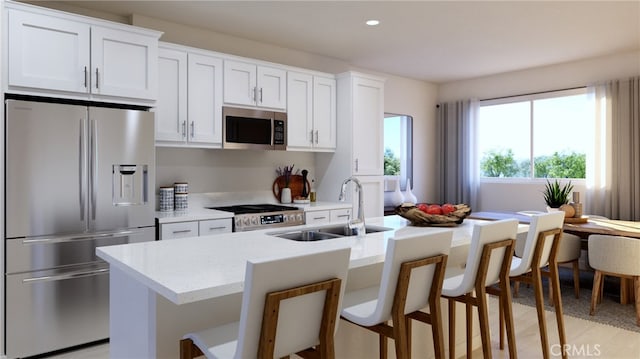 kitchen featuring white cabinets, sink, a center island with sink, and stainless steel appliances