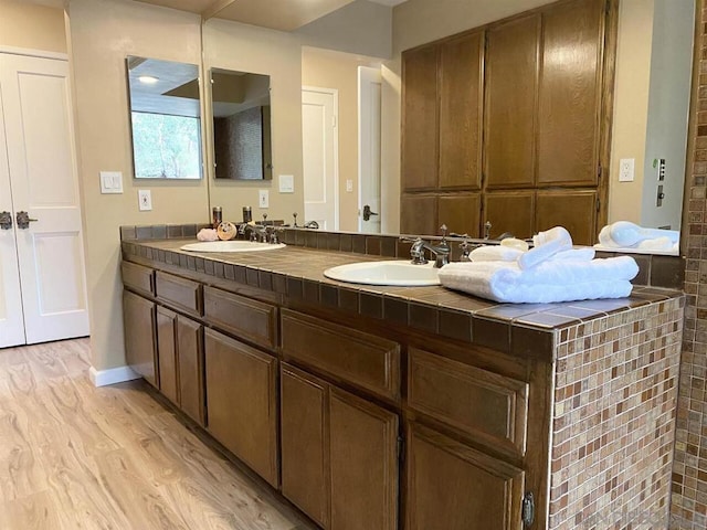 bathroom with hardwood / wood-style flooring and vanity