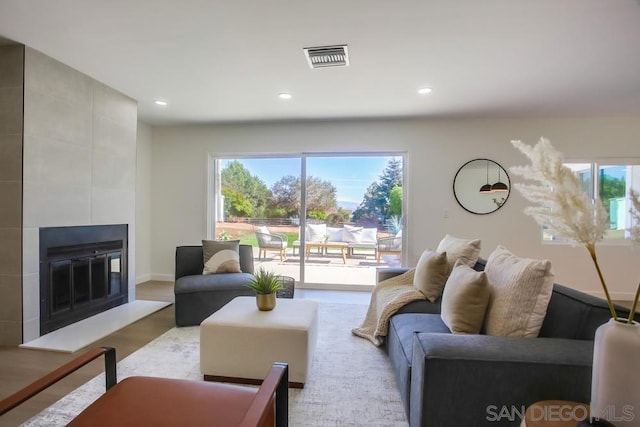 living room featuring light hardwood / wood-style floors and a fireplace