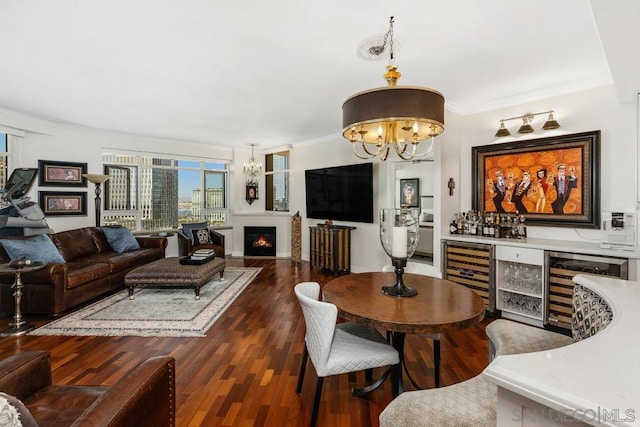 dining room with wine cooler, ornamental molding, and dark hardwood / wood-style flooring