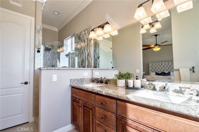 bathroom with vanity, crown molding, a shower, and ceiling fan