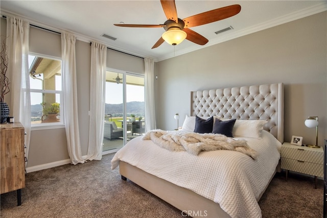 bedroom featuring access to outside, a mountain view, crown molding, carpet floors, and ceiling fan