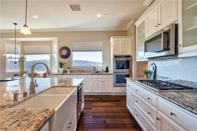 kitchen with decorative backsplash, a notable chandelier, decorative light fixtures, appliances with stainless steel finishes, and dark hardwood / wood-style flooring